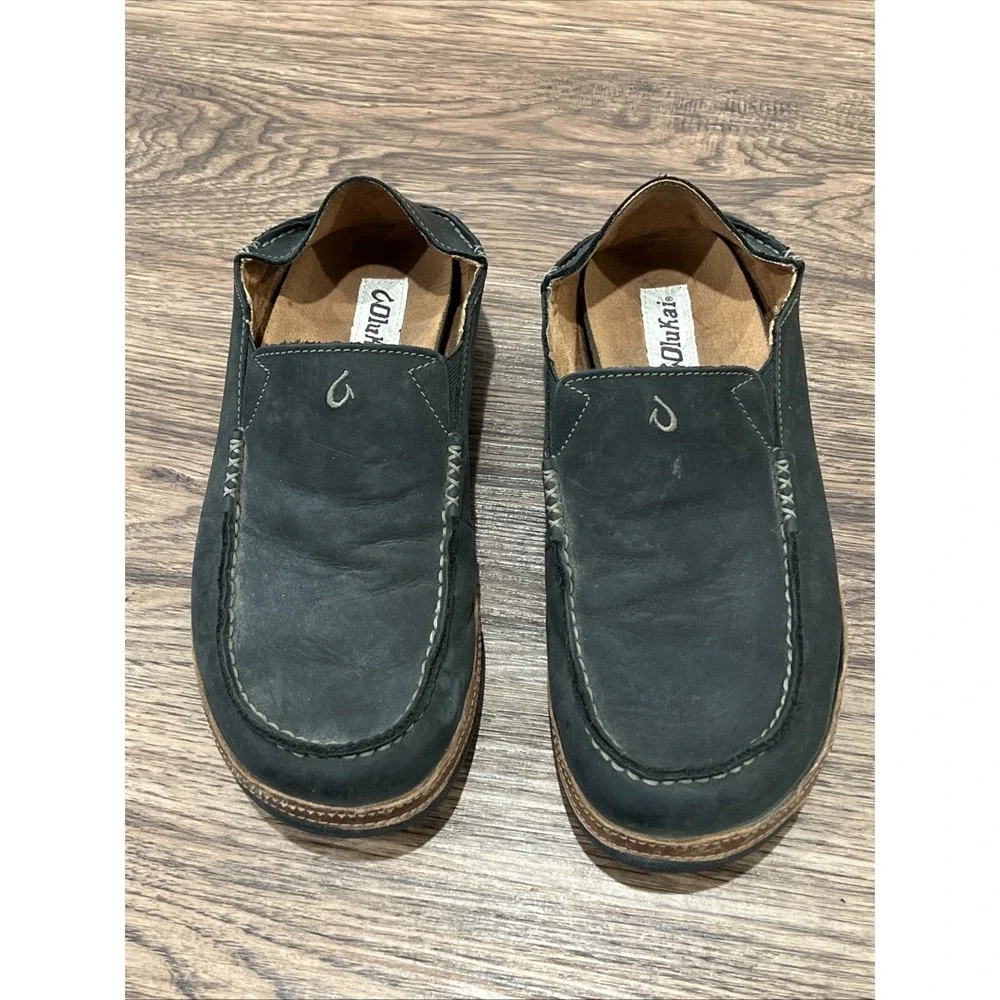 OluKai Moloa Shoes MEN US 9.5/ EU 42.5 Black Leather Slip On Loafers Comfort